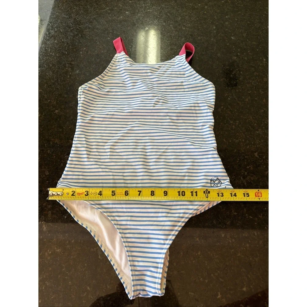 Prodoh Girls One Piece Swimsuit Sz 12 Blue White Stripe Bathing Suit Beach Swim
